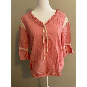 Free People Pink Striped 100% Cotton Boho Blouse Size 10